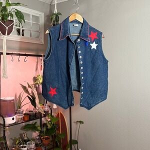 Denim Vest Patriotic Stars‎ USA Sleeveless Top American Flagcore Button Up
